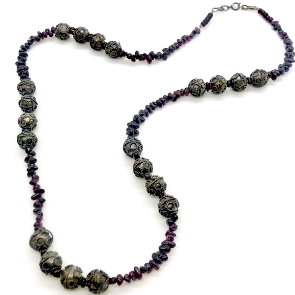 Vintage Deco Garnet Filigree Bead Necklace - Picture 1 of 15